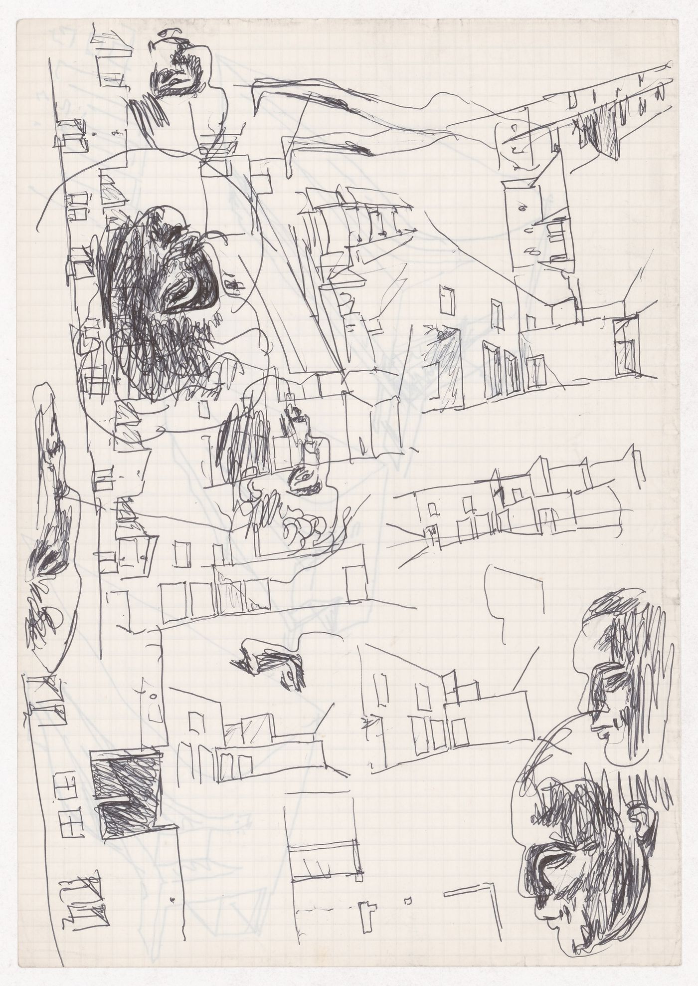 Sketch perspectives and people for Blocke 70 und 89, Kreuzberg, Fränkelufer, Berlin, Germany; verso: Sketch axonometric views for Blocke 70 und 89, Kreuzberg, Fränkelufer, Berlin, Germany