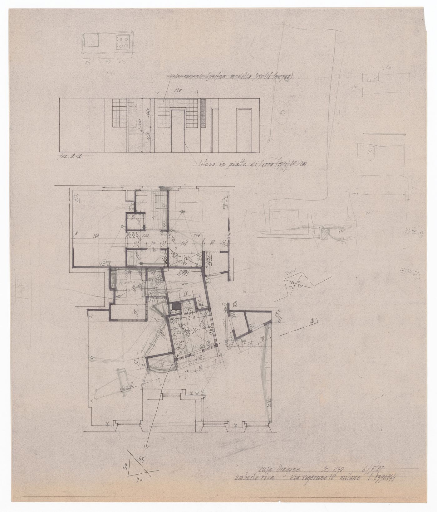 Elevation and floor plan with sketches for Casa Dragone e Paggi, Milan, Italy