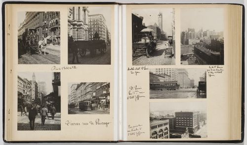 Street scene with trains and carriages, Chicago, Illinois