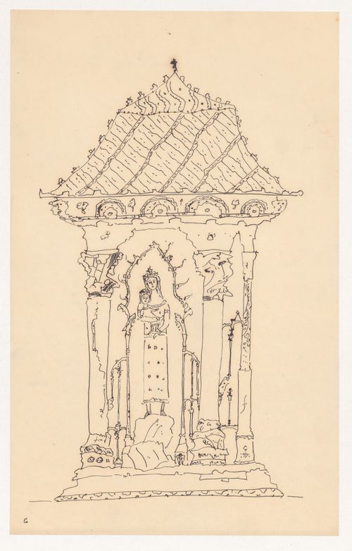 Visionary design for a pavilion with two figures, possibly the Madonna and Child
