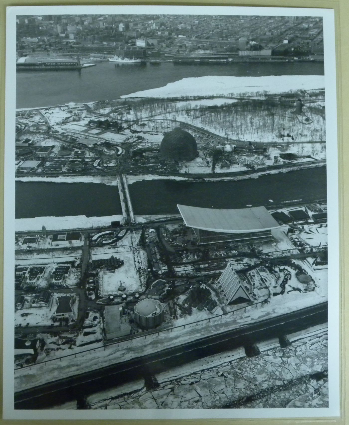 Aerial winter view of the exhibition site, Expo 67, Montréal, Québec