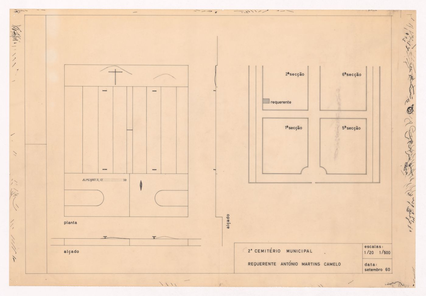 Plan and elevations for Jazigo da Família Martins Camelo no cemetério do Sendim, Matosinhos, Portugal