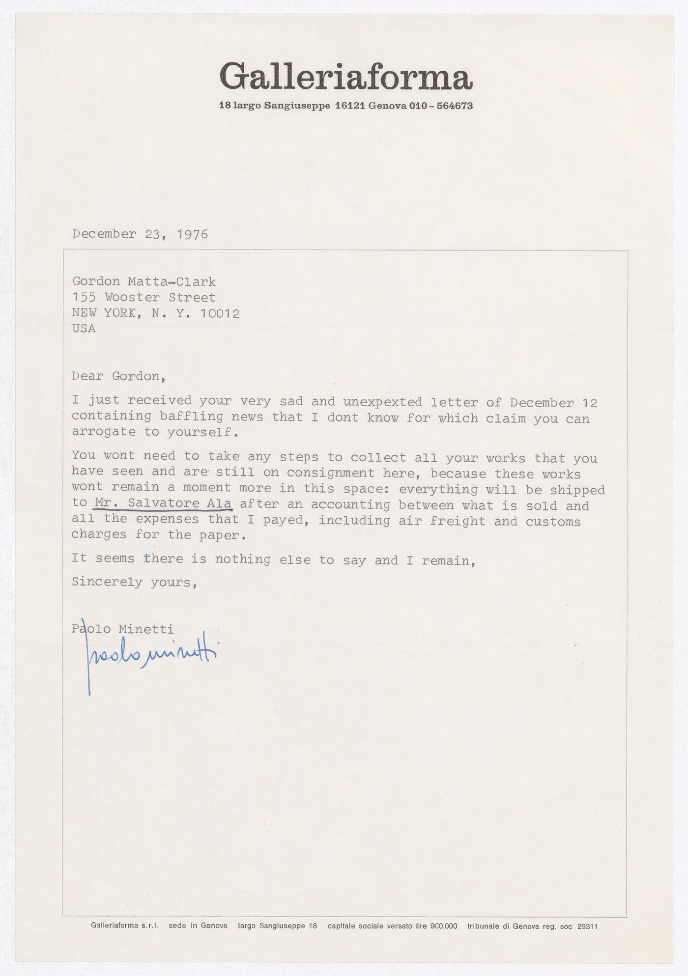 Letter from Paolo Minetti to Gordon Matta-Clark