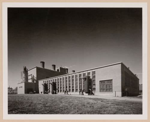 View of the rear [?] façade of the Boiler House, United Aircraft Corporation Pratt & Whitney Corporation division Assembly Plant, Kansas City, Missouri