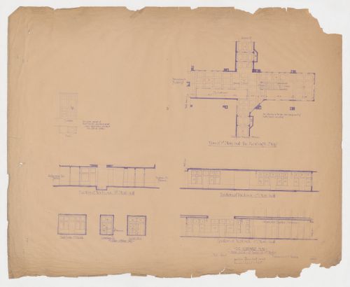 Kearsarge Building, Chicago: Elevations and plan, including ceiling tile pattern, for the first floor entrance lobbies with elevations for the entrance doors and plan and elevation for toilet cases (combined coat closet and office sink cabinet)