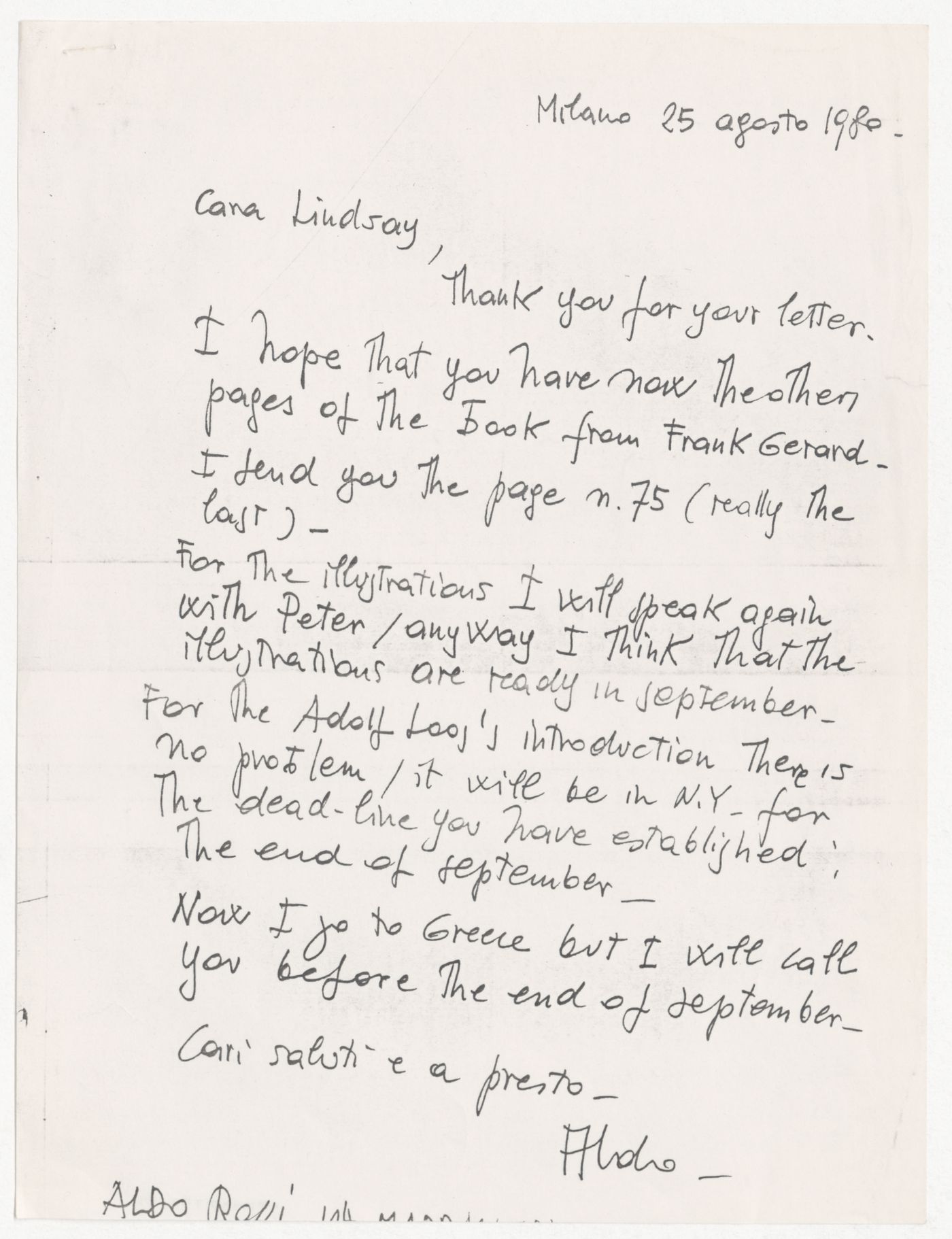 Letter from Aldo Rossi to Lindsay Stamm Shapiro with attached copy of page 75 from a book by Frank Gerard