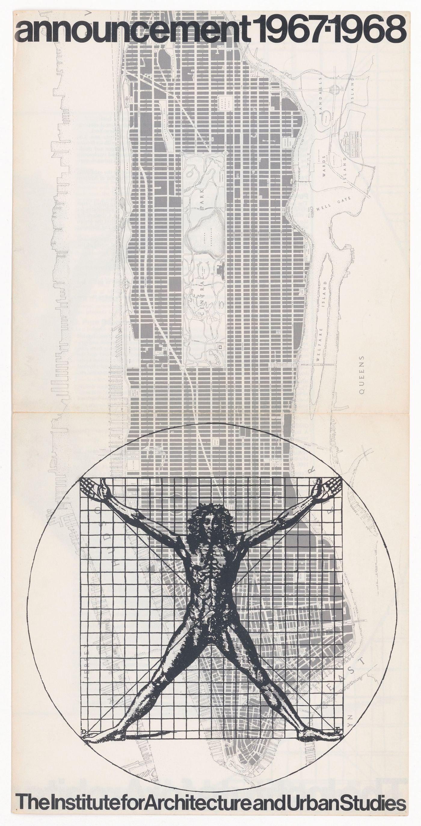 Poster of the Institute’s insignia : the Vitruvian man overlaid on a contemporary map of Manhattan