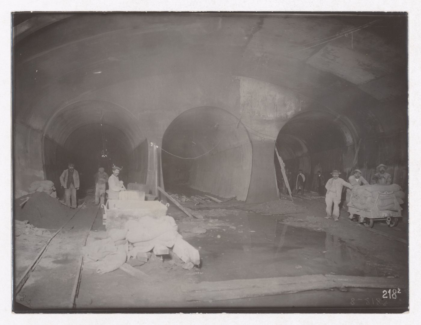 Construction of the Paris Metro, interior view of tunnels with workers, Paris, France