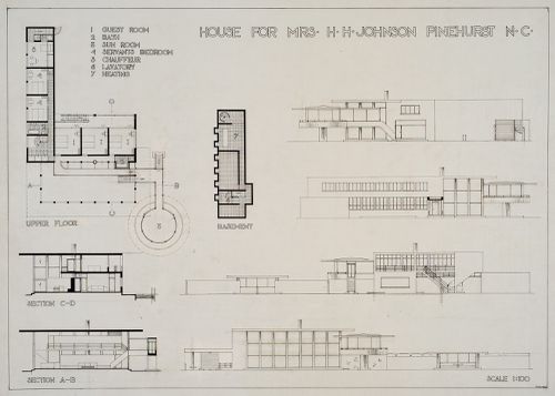 Plans, sections, and elevations for Johnson House, Pinehurst, North Carolina