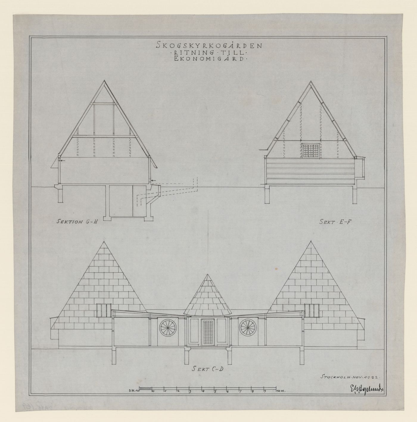Sections G-H, E-F and C-D for the Service Building, Woodland Cemetery, Stockholm, Sweden