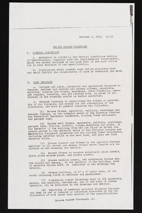 Specifications for bronze facade treatment for Seagram Building, 375 Park Avenue, New York, New York