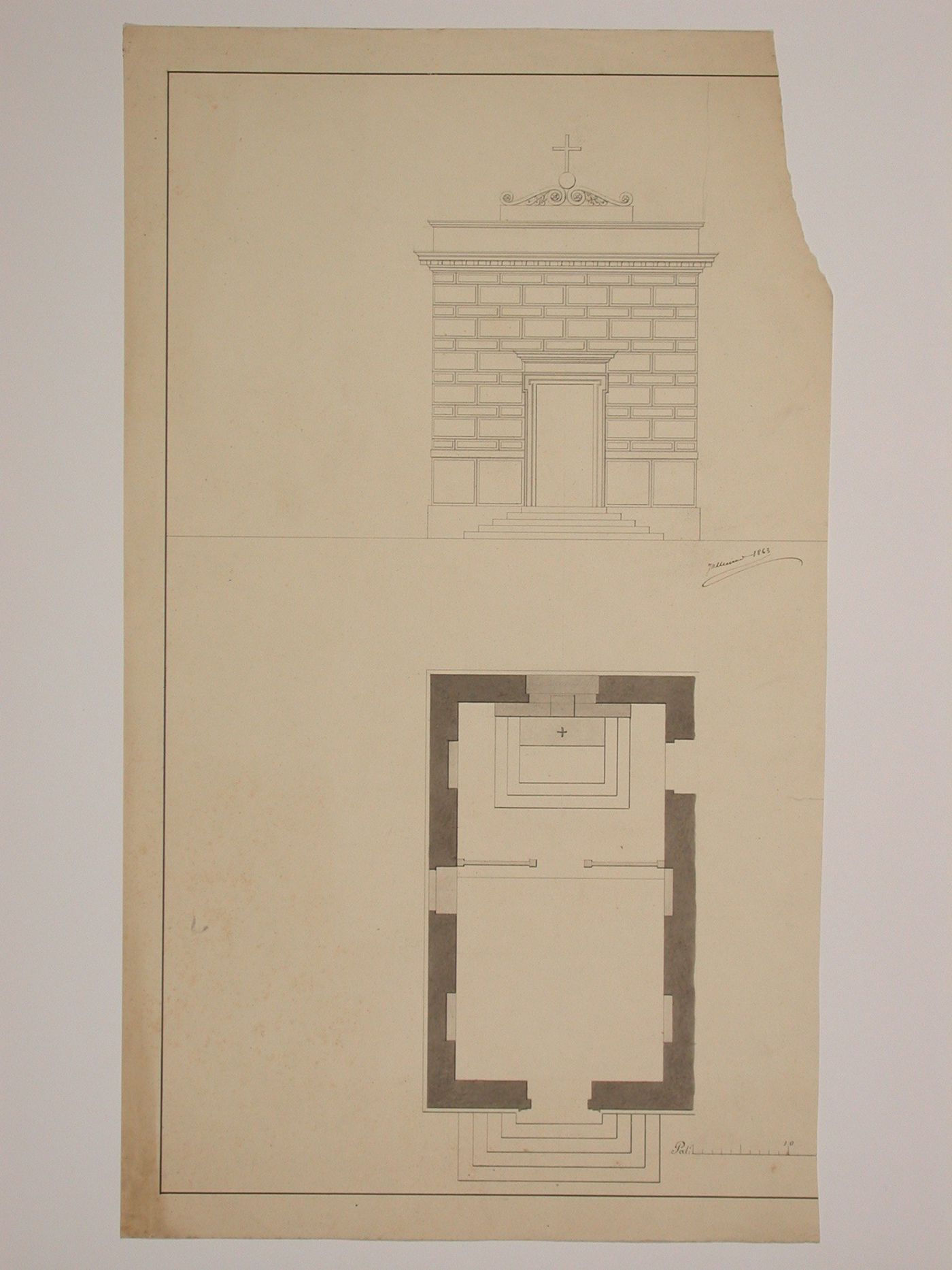 Elevation and plan for a funerary chapel
