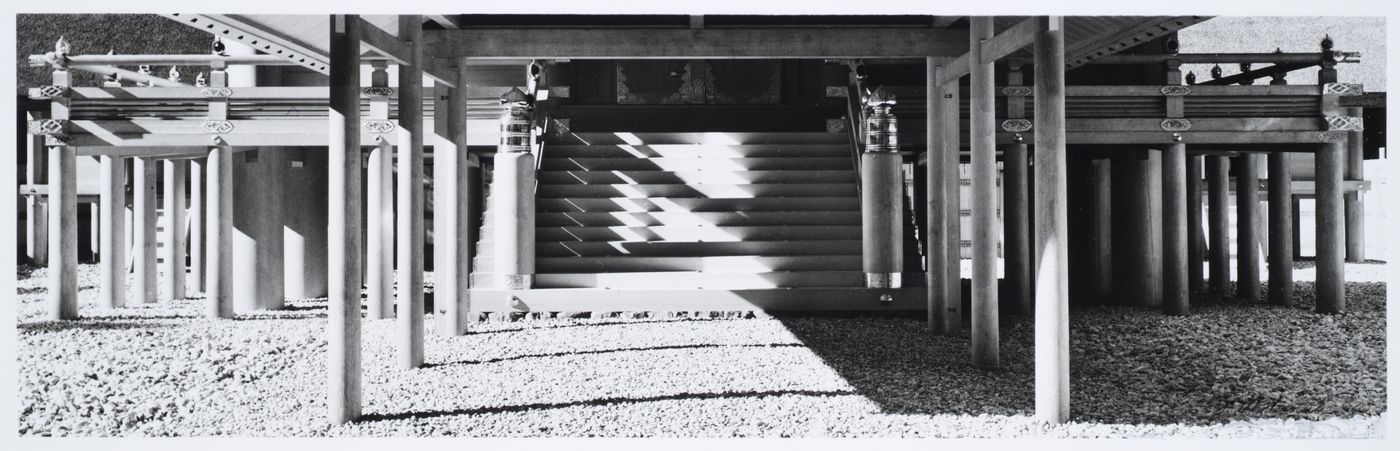 View of wooden posts and stairs at the entrance to the Shoden [Main Sanctuary], Naiku [Inner Shrine], Ise Daijingu (also known as Ise Jingu [Ise Shrine]), Ise-shi, Japan