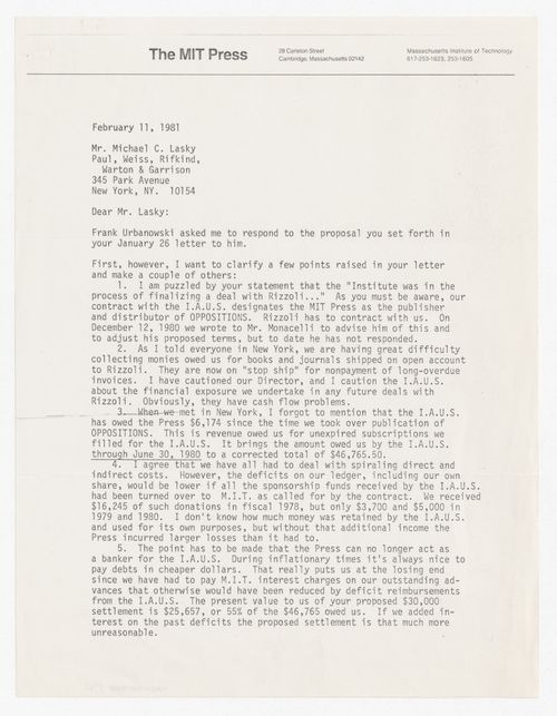 Letter from Michael Leonard to Michael C. Lasky about distribution rights and financial status of Oppositions Journal