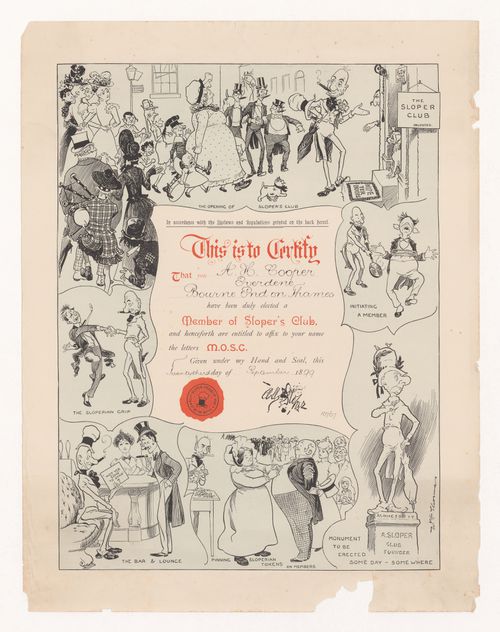 Certificate of membership in the 'Sloper's Club' of London, England; verso: Byelaws, regulations, mystic signs and other things relating to Sloper's Club
