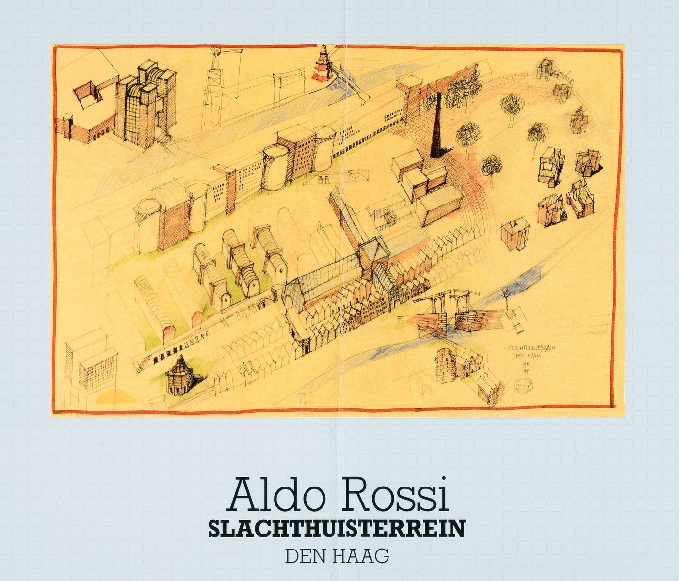 Monographie sur le projet "Piano particolareggiato per un complesso residenziale e di uffici" montrant en couverture un dessin d'Aldo Rossi
