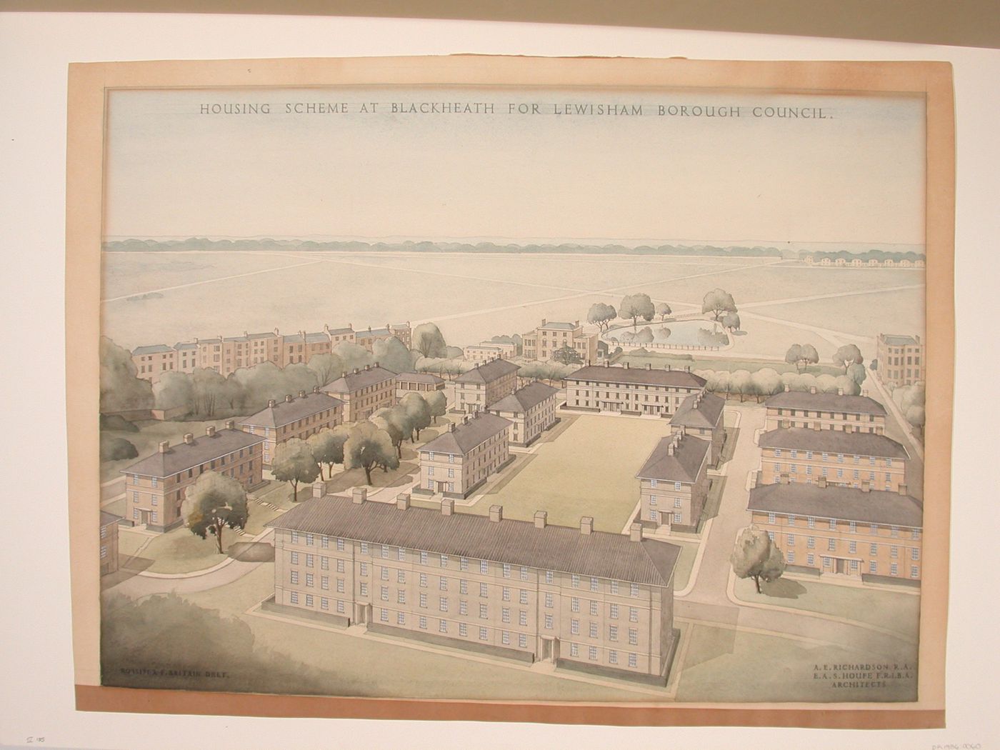 Aerial perspective of a proposed housing scheme at Blackheath, Great Britain, for Lewisham Borough Council