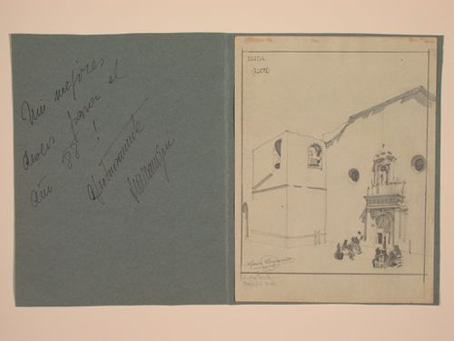 Greeting card with a sketch of the west façade of a church