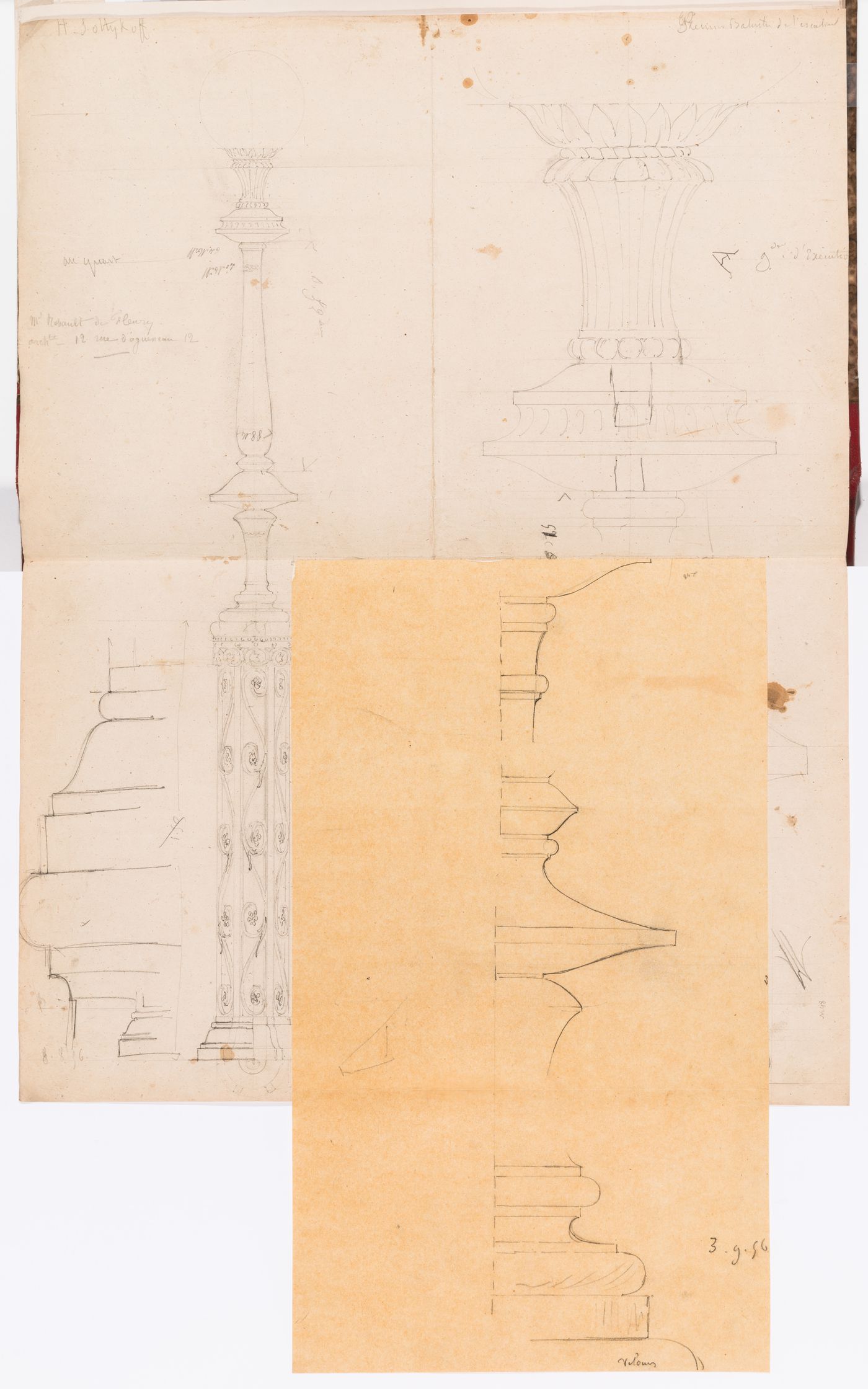 Sketches, elevations and profiles for a candelabra for the grand staircase, Hôtel Soltykoff