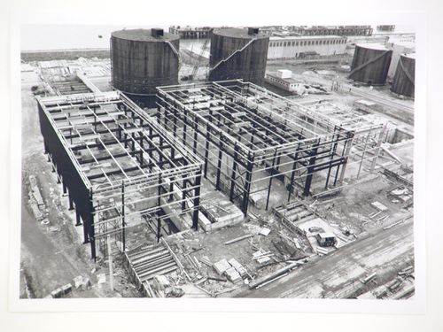View of construction of steel structure for power station, from above, United Kingdom