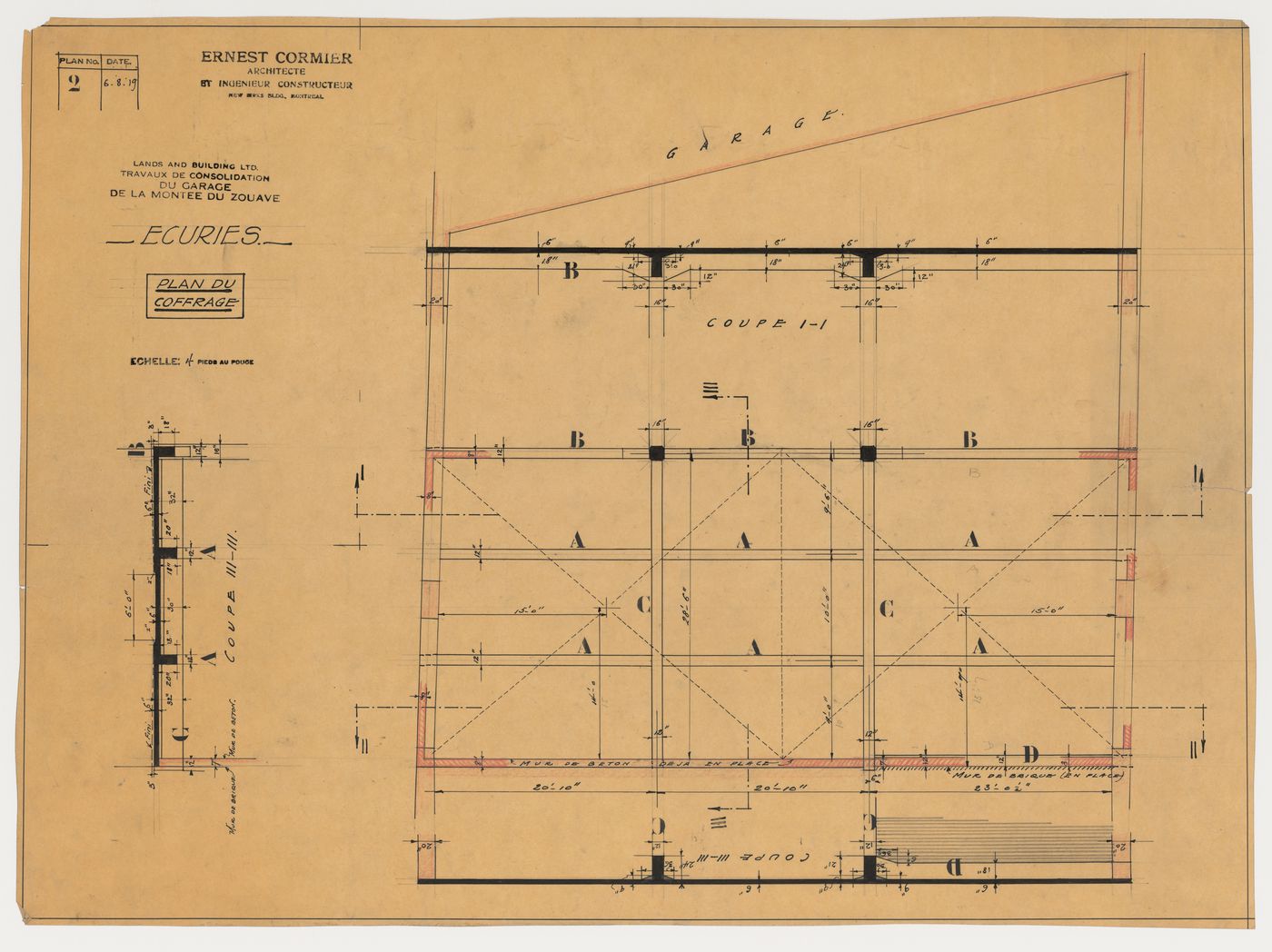 Plan du coffrage de l'écurie, Garage de la Montée du Zouave, Montréal