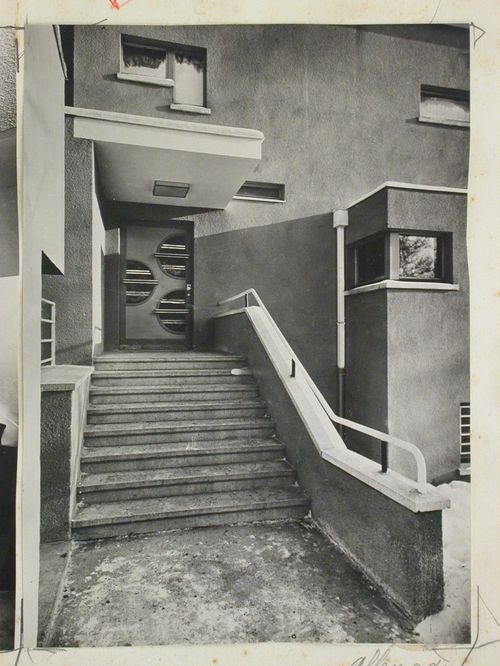 View of an exterior staircase leading to an entrance door of a villa [designed by Adolf Rading], Breslau (now Wroclaw), Poland