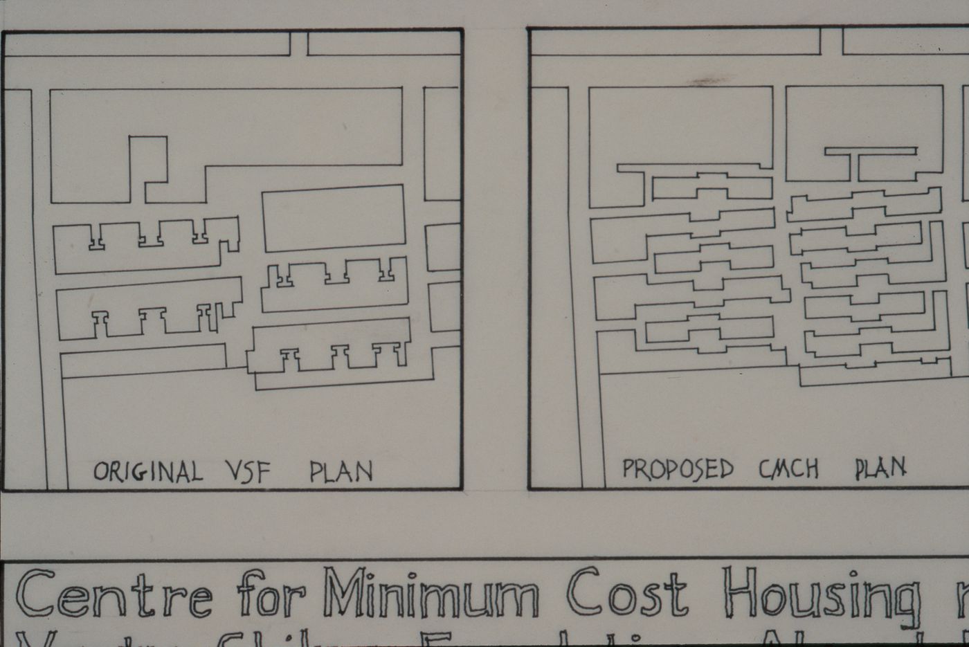 Site plan showing original Vastu-Shilpa Foundation plan and proposed Centre for Minimum Cost Housing plan for the Aranya Housing Project, Indore, India