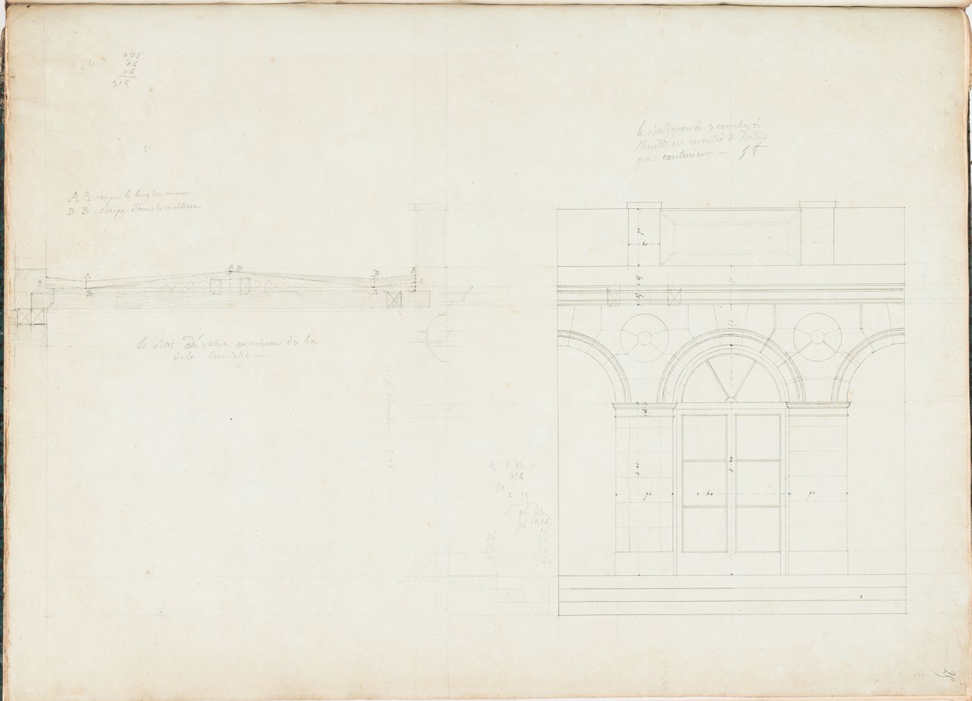 Project for the conversion of Hôtel Soyécourt, Paris, into barracks: Partial elevation and section for an arcade