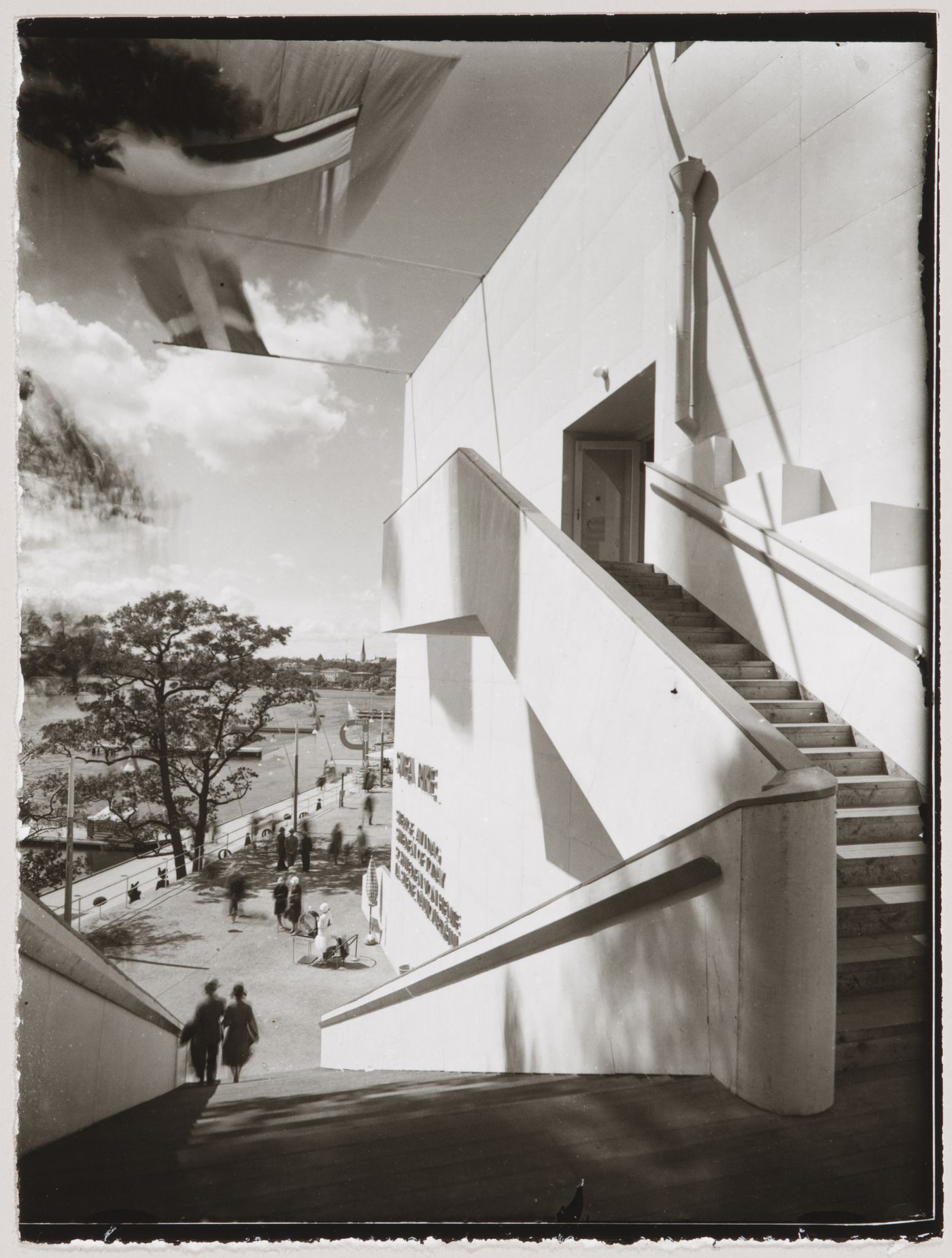 View of the principal façade of the Svea Rike building at the Stockholm Exhibition of 1930 showing the main entrance and stairs, Stockholm