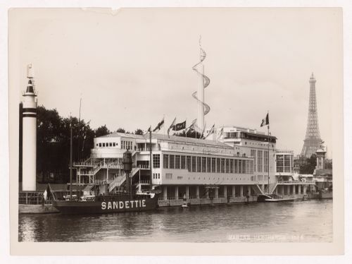 View of the Pavillon de la Marine Marchande with the Tour Eiffel in the background and the Seine in the foreground, 1937 Exposition internationale, Paris, France