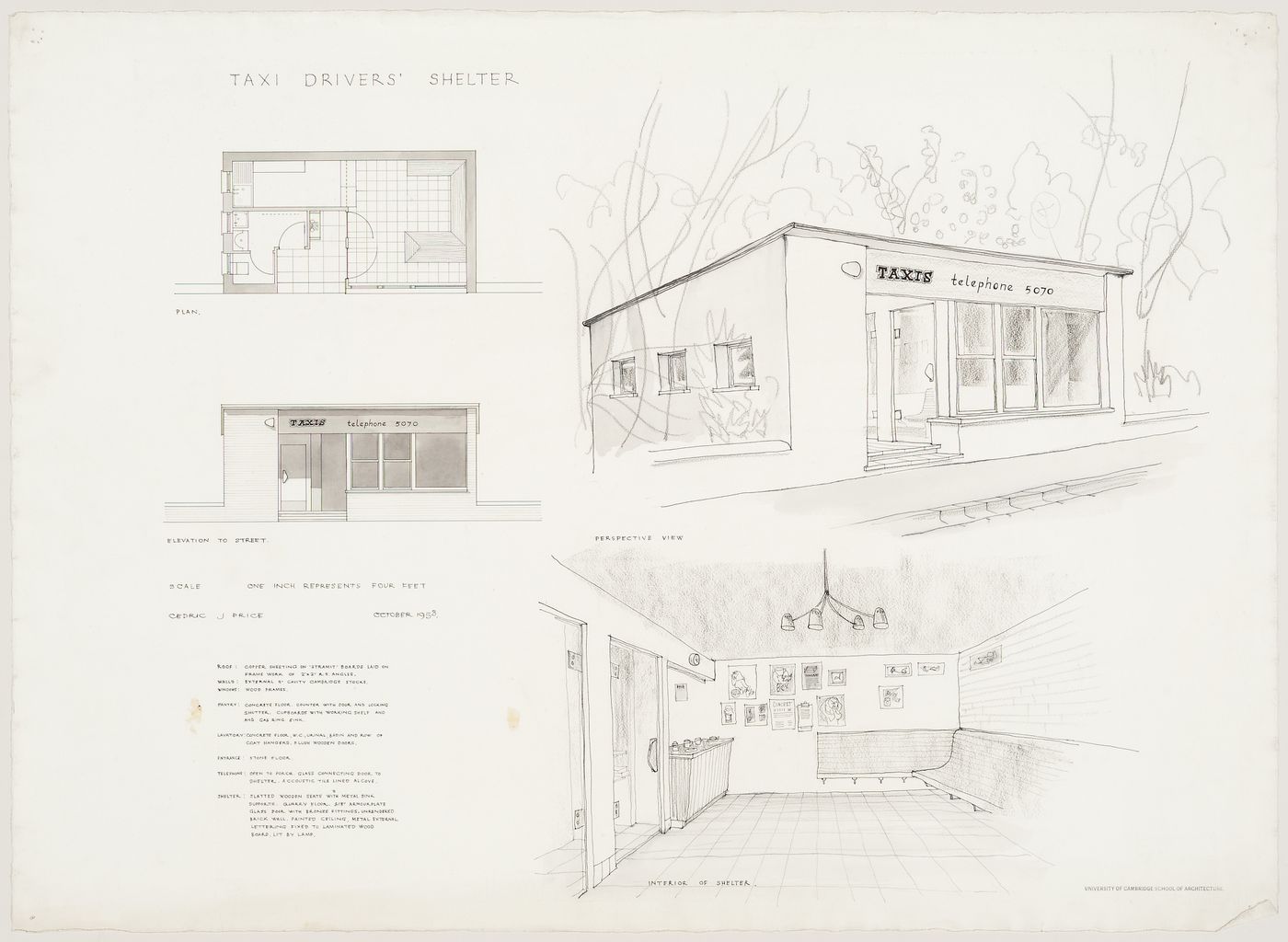 Student project for a taxi drivers' shelter: plan, elevation, interior and exterior perspectives