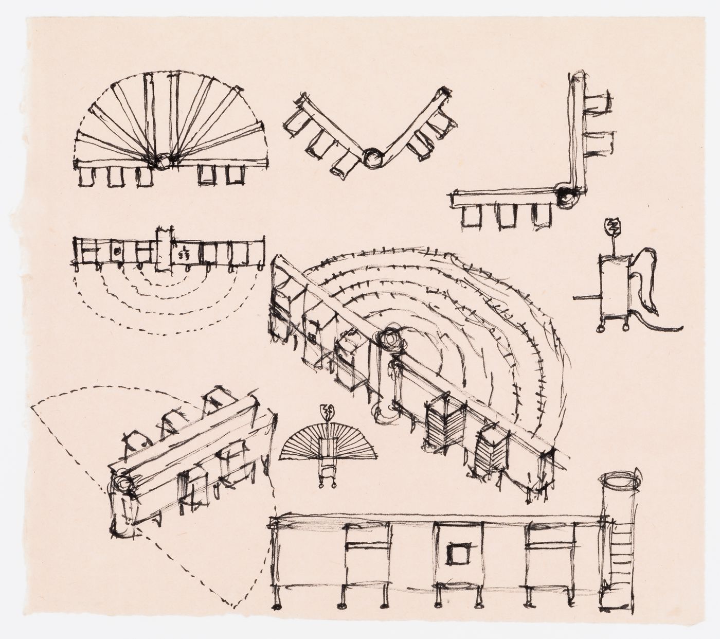 Sketch plans, sketch elevations, and axonometric sketches for the Trapper's House