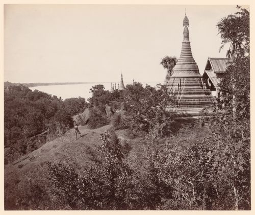View of Mya Thalun [?] Pagoda on the banks of the Irrawaddy River, Magwe, Burma (now Myanmar)