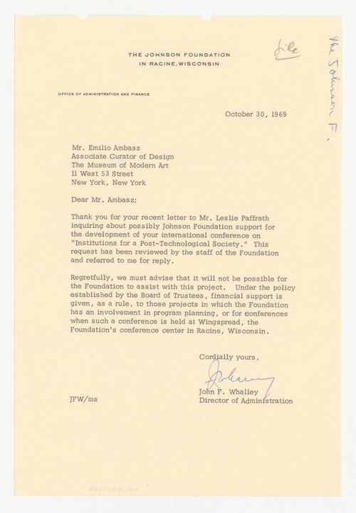 Letter from John F. Whalley to Emilio Ambasz responding to proposal for Institutions for a Post-Technological Society conference
