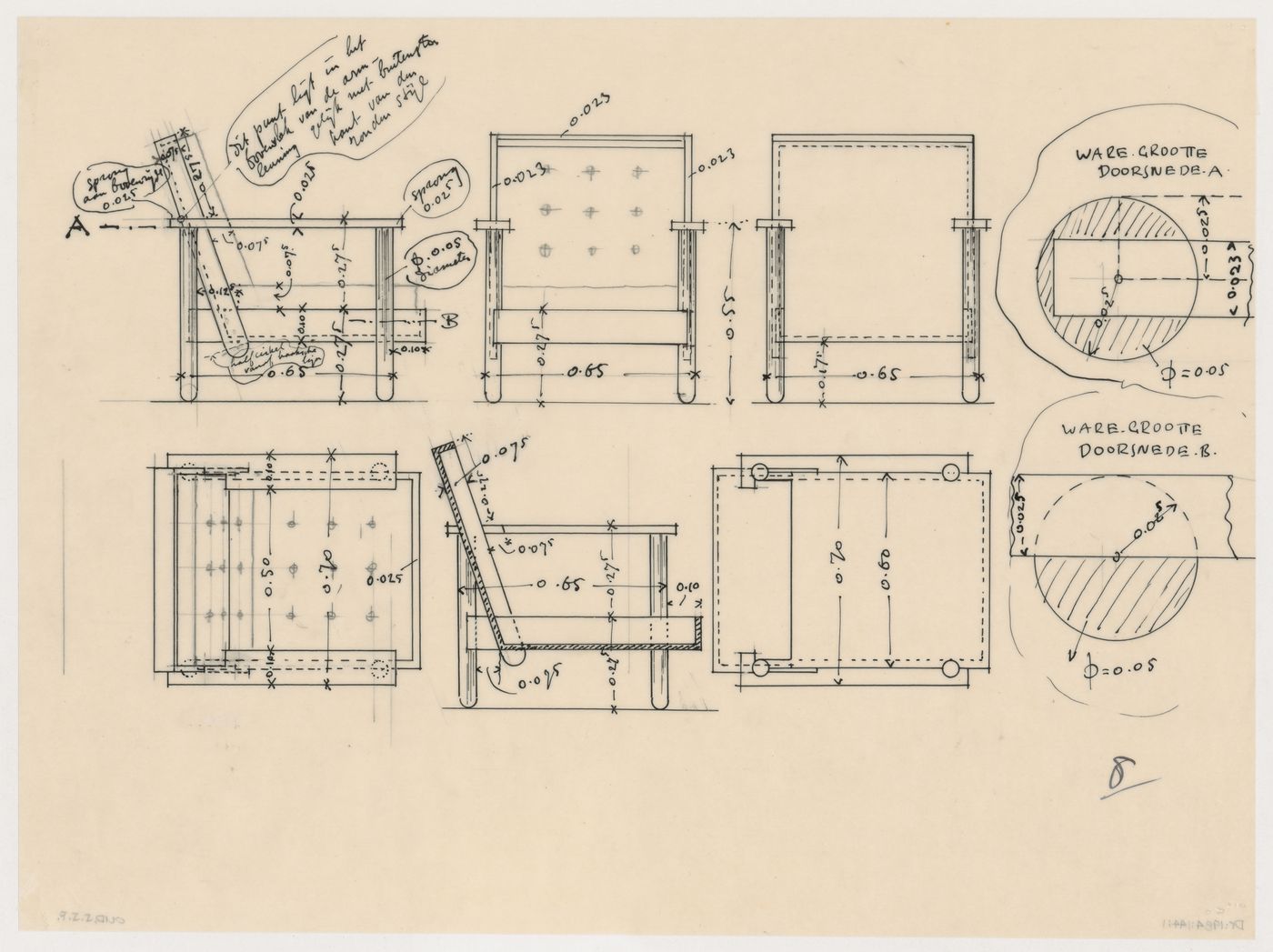Elevations, plans, sections, and partial sections for a chair for J.J.P. Oud's workroom, Hillegersberg, Rotterdam, Netherlands