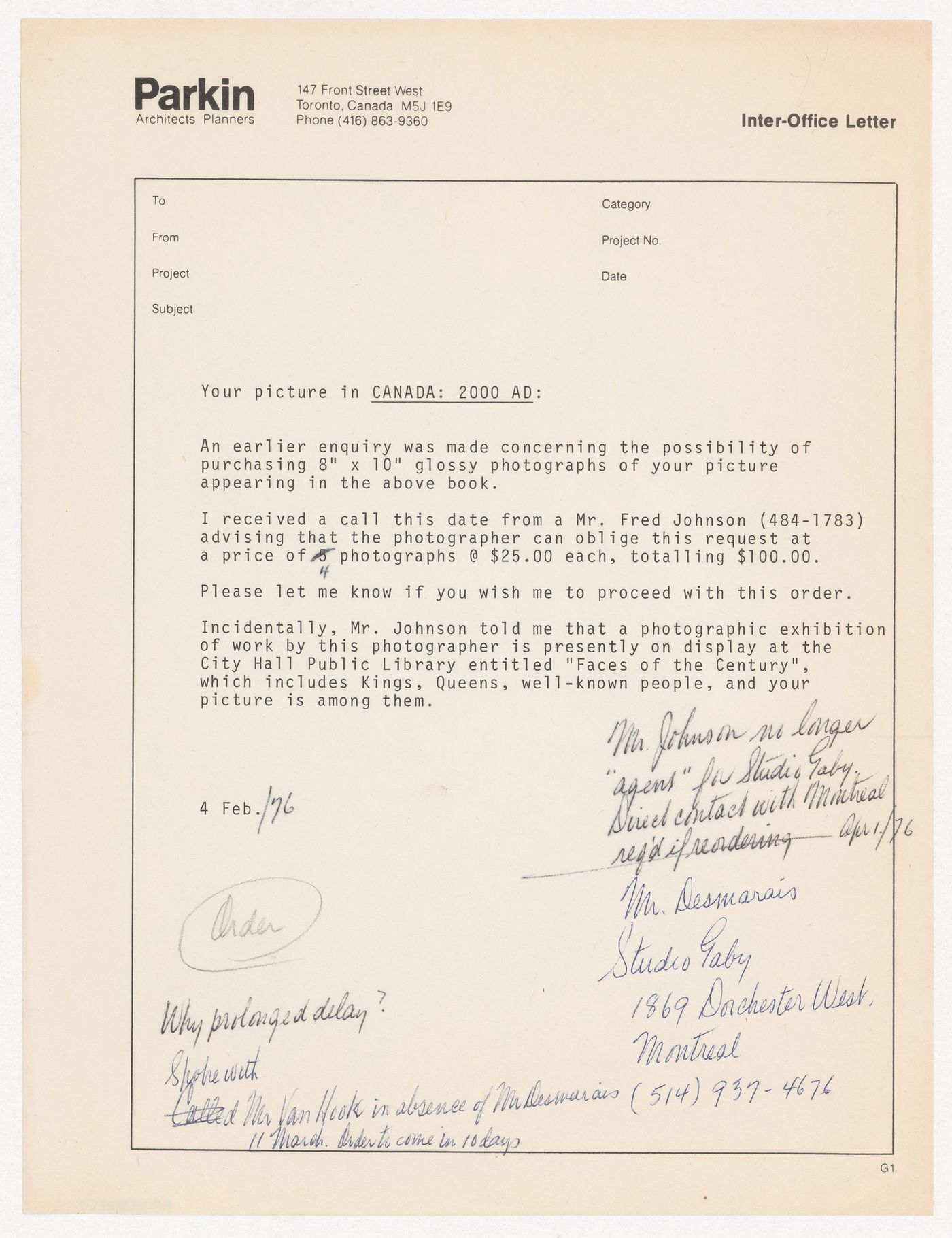 Letter for purchasing portraits of John C. Parkin