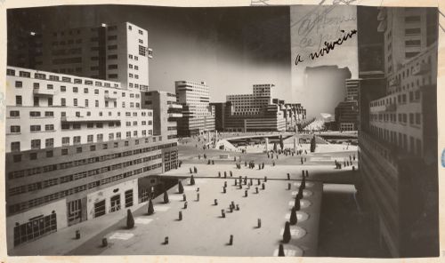 Projet pour l'extension de villes. Rues sans voitures, chaussées, sans piétons. France. André Ventre, collaborateur Émile Aillaud, architectes à Paris