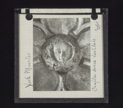 View of boss with foliate mask in vestibule of Chapter House of York Minster, York, North Yorkshire, England