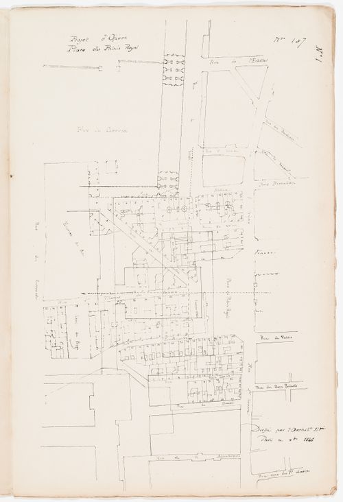 Project no. 1: Site plan for an opera house for the Académie royale de musique, place du Palais Royal and rue de Rivoli; verso: Project no. 8: Site plan for an opera house for the Académie royale de musique, rue Grange-Batelière