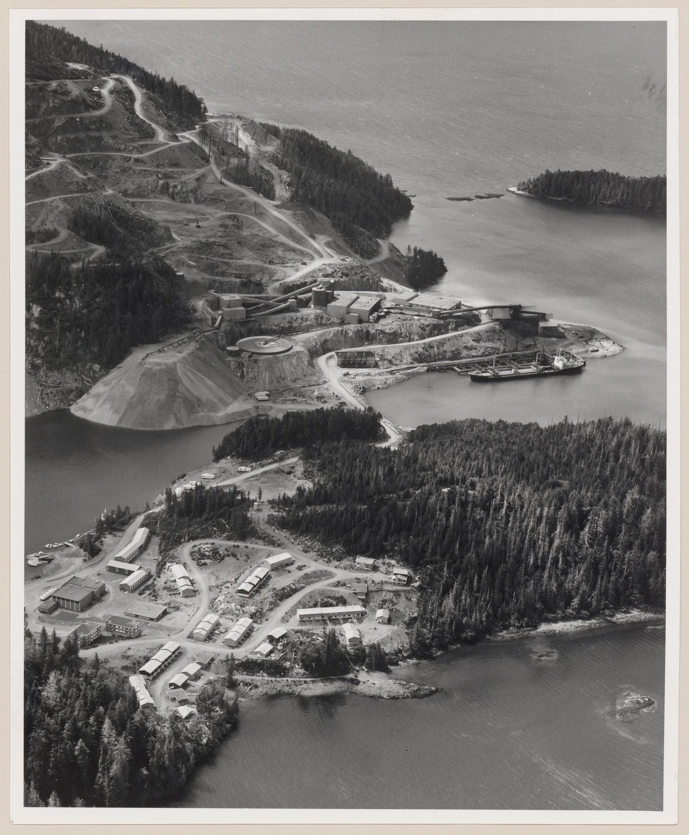 Queen Charlotte Islands, TASU on Moresby Island. TASU is community for Wesfrob Mine as seen in background, British Columbia