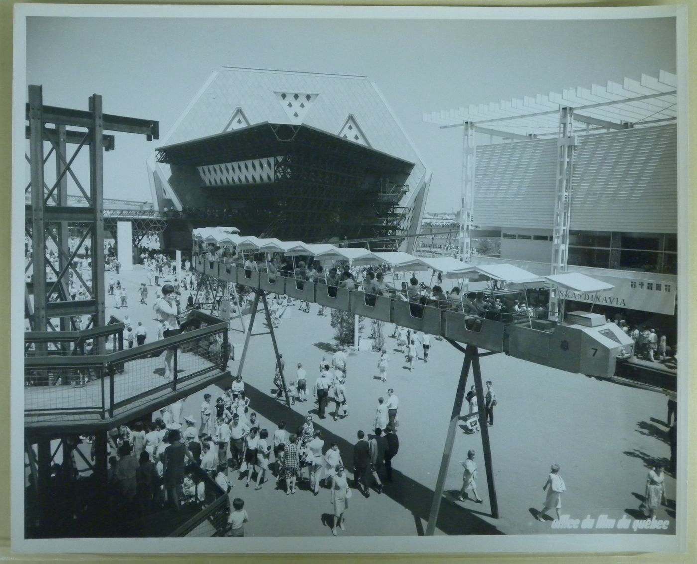 View of the minirail with Man the Explorer and Scandinavian Pavilions, Expo 67, Montréal, Québec