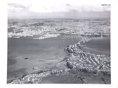 Aerial view of the Auckland Harbour Bridge, over the Waitematā Harbour, Auckland, New Zealand