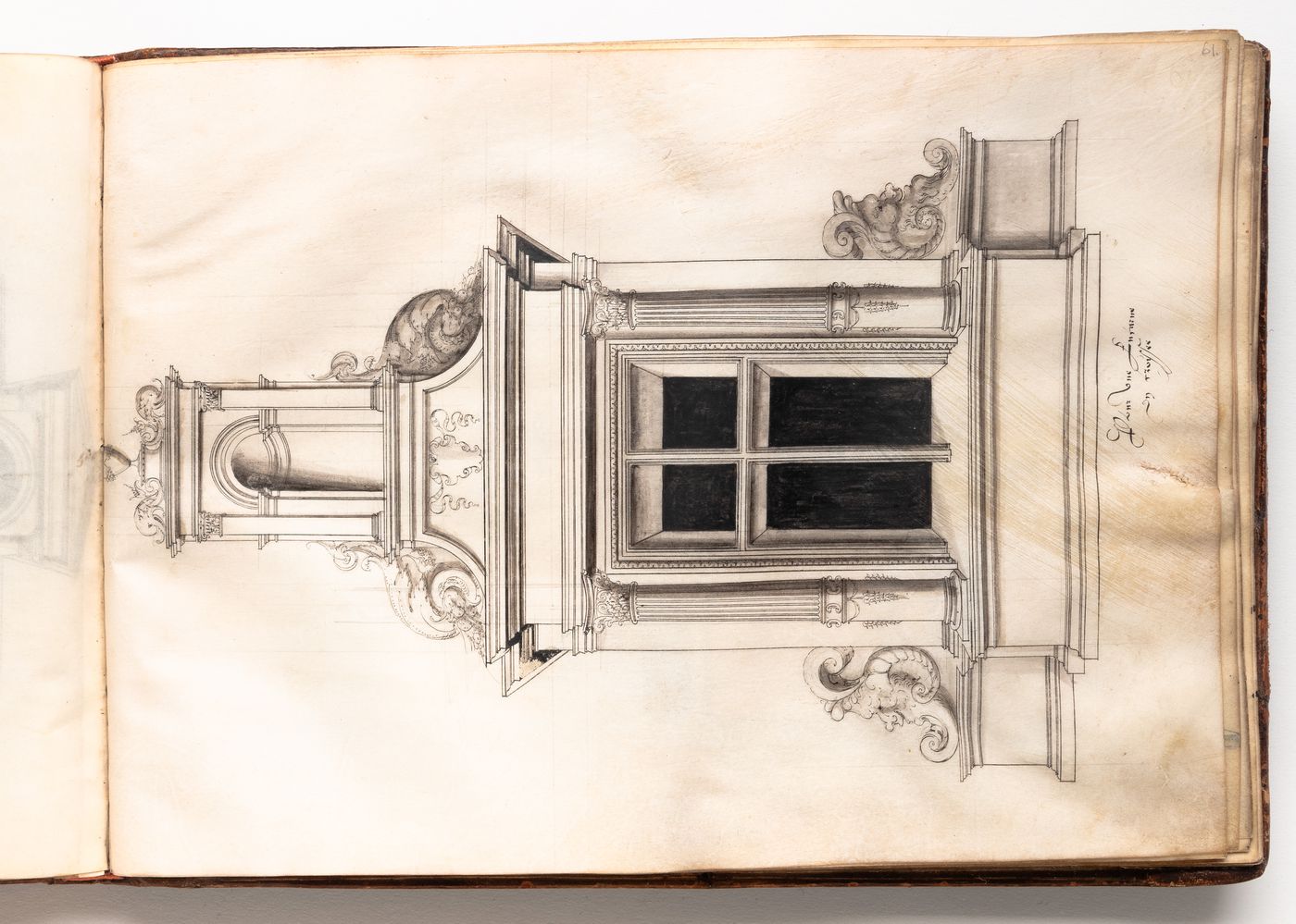 Design for a dormer window with ornamented columns and niche