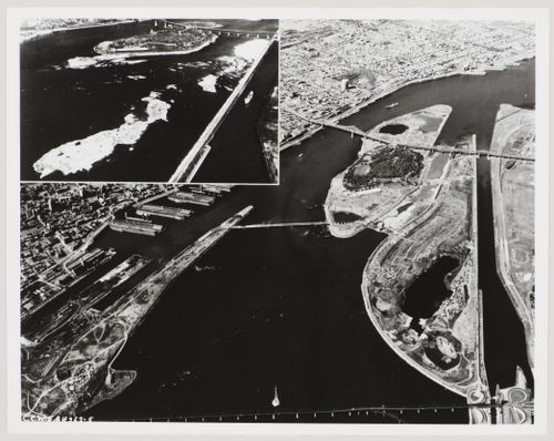 Aerial views of the Île Sainte-Hélène and Île Notre-Dame sites prior and after their enlargement, Expo 67, Montréal, Québec
