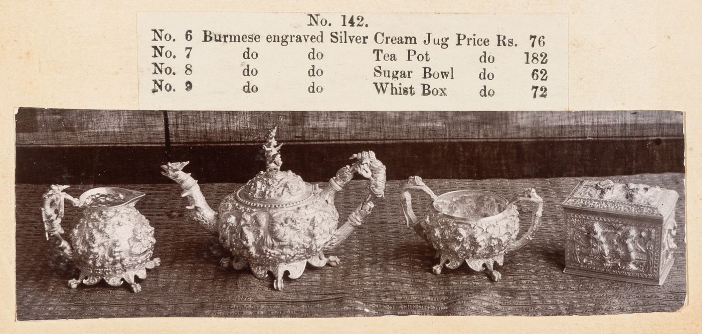 View of a tea service, F. Beato Limited, C Road, Mandalay, Burma (now Myanmar)