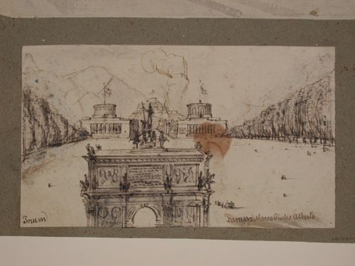 Visionary design for a promenade flanked by tall trees, with a triumphal arch and monumental buildings