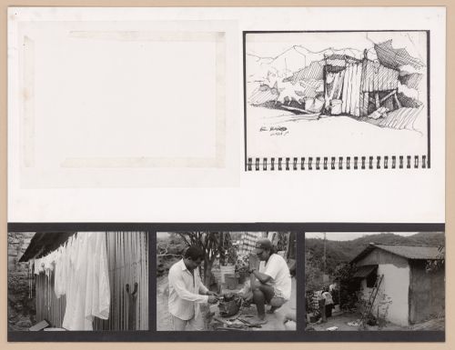 Presentation panel with sketchbook page and photographs of houses and its residents for the Urban Upgrading project La Esperanza, in Zihuatanejo, Mexico
