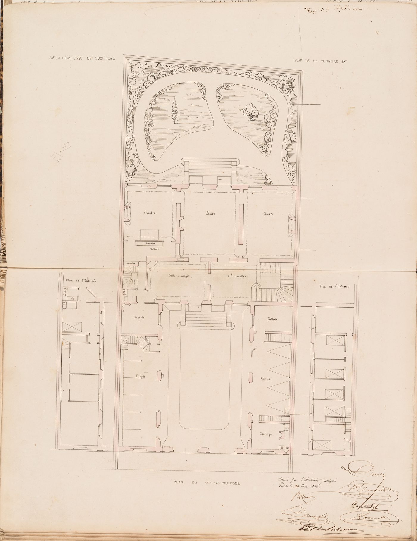 Contract drawing for a house for Madame la comtesse de Lubersac, 95 rue de la Pépinière, Paris: Ground floor plan, including the garden and partial plans for the "entresol"