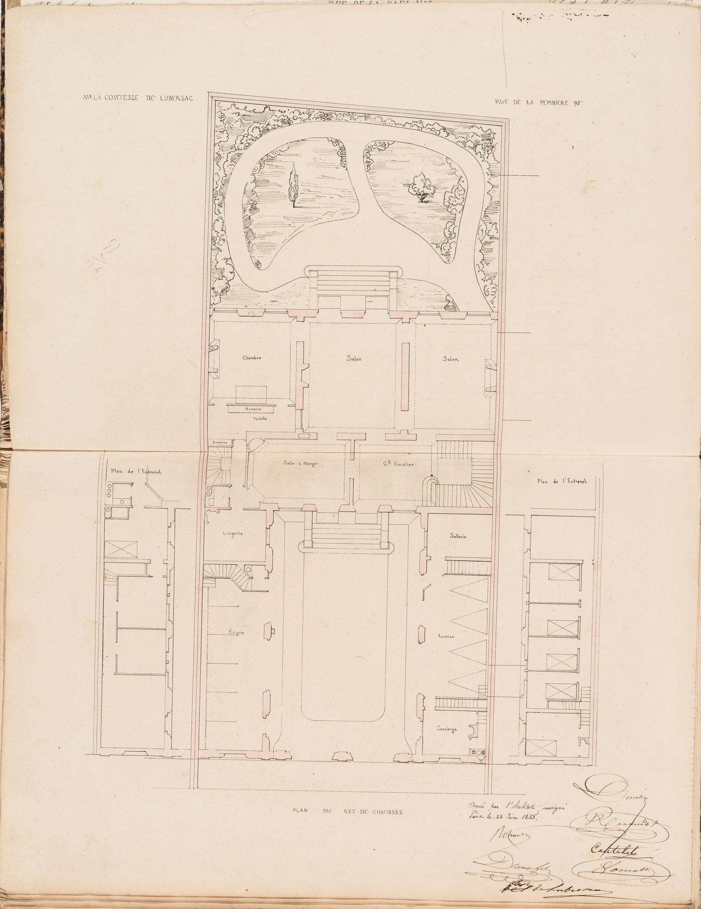 Contract drawing for a house for Madame la comtesse de Lubersac, 95 rue de la Pépinière, Paris: Ground floor plan, including the garden and partial plans for the "entresol"