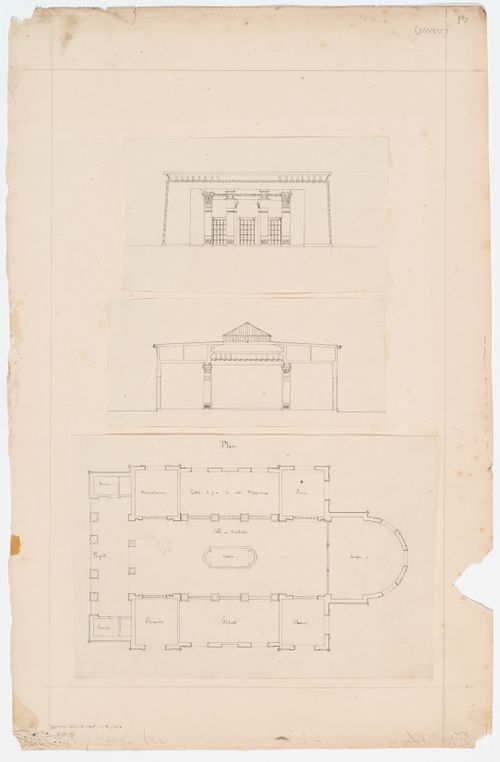 Zoological garden, Antwerp: Elevation, section, and plan of the Palais égyptien